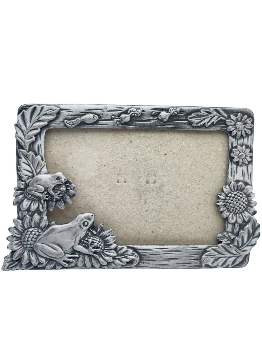 Frog Sunflower Pewter Picture Frame Vintage 3.5" X 5" Garden-Themed Easel